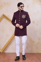 Plum Art Silk Men's Indo Western Clothing with Zardozi and Bead Work