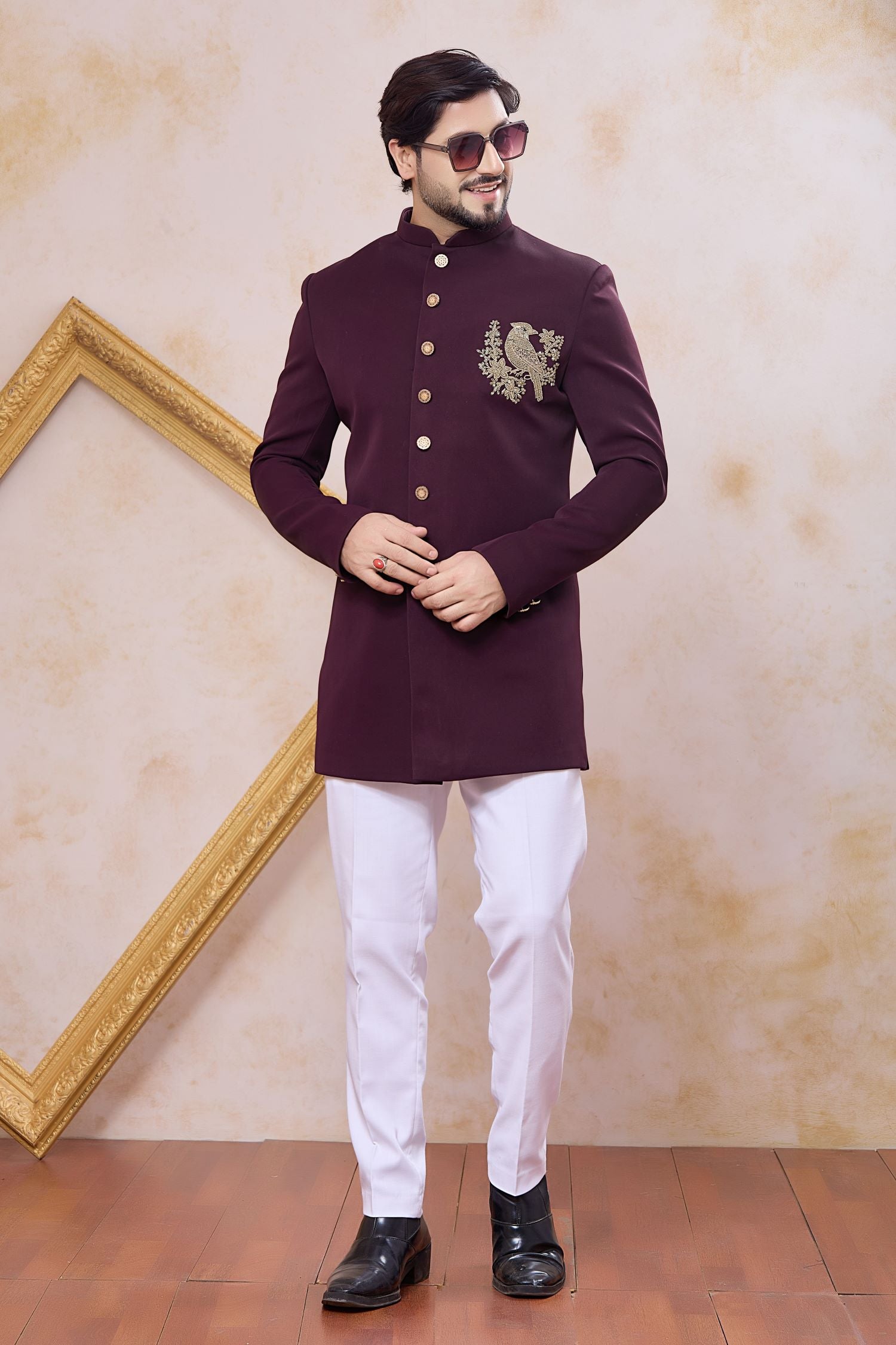 Plum Art Silk Men's Indo Western Clothing with Zardozi and Bead Work