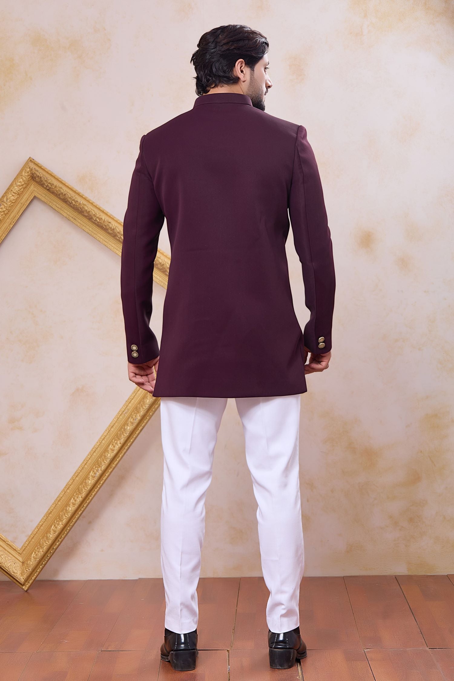 Plum Art Silk Men's Indo Western Clothing with Zardozi and Bead Work