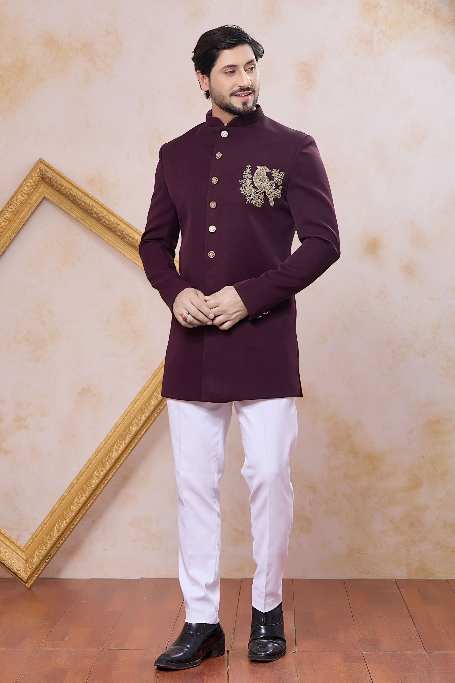 Plum Art Silk Men's Indo Western Clothing with Zardozi and Bead Work