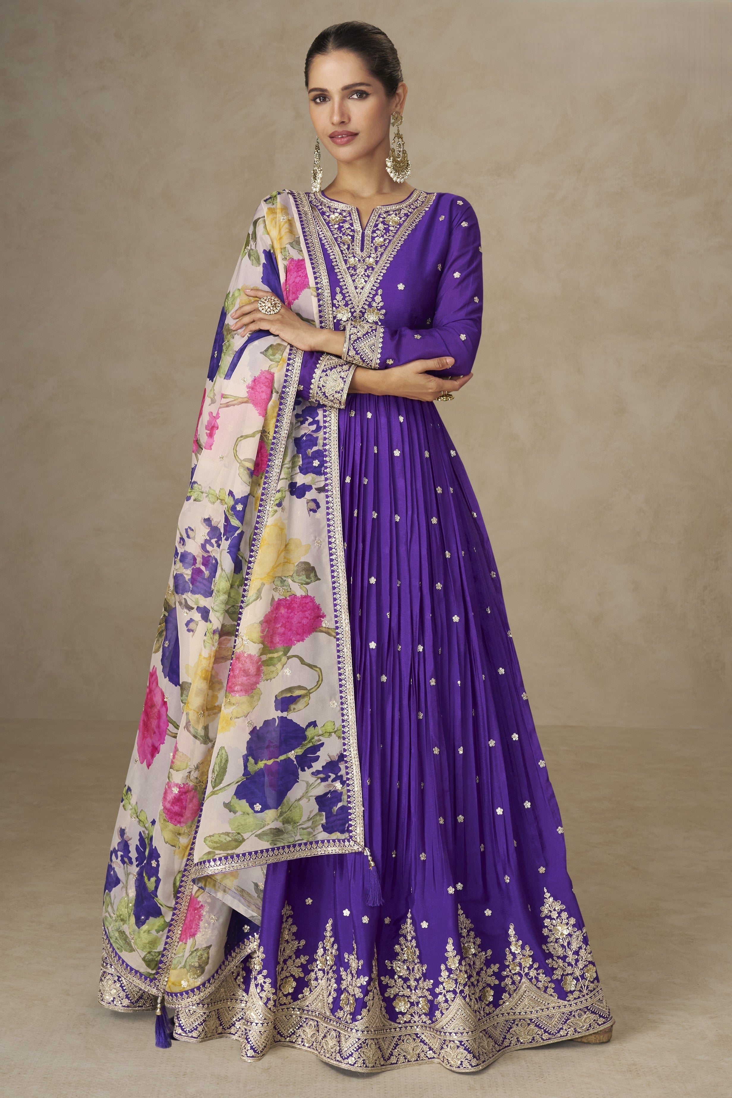Purple Chinon Silk Anarkali Suit For Indian & Pakistani Wedding Festival - Thread & Sequence Embroidery Work, Print Work