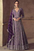 Purple Chinon Silk Anarkali Suit For Indian & Pakistani Wedding Festival - Thread & Sequence Embroidery Work
