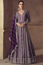 Purple Chinon Silk Anarkali Suit For Indian & Pakistani Wedding Festival - Thread & Sequence Embroidery Work
