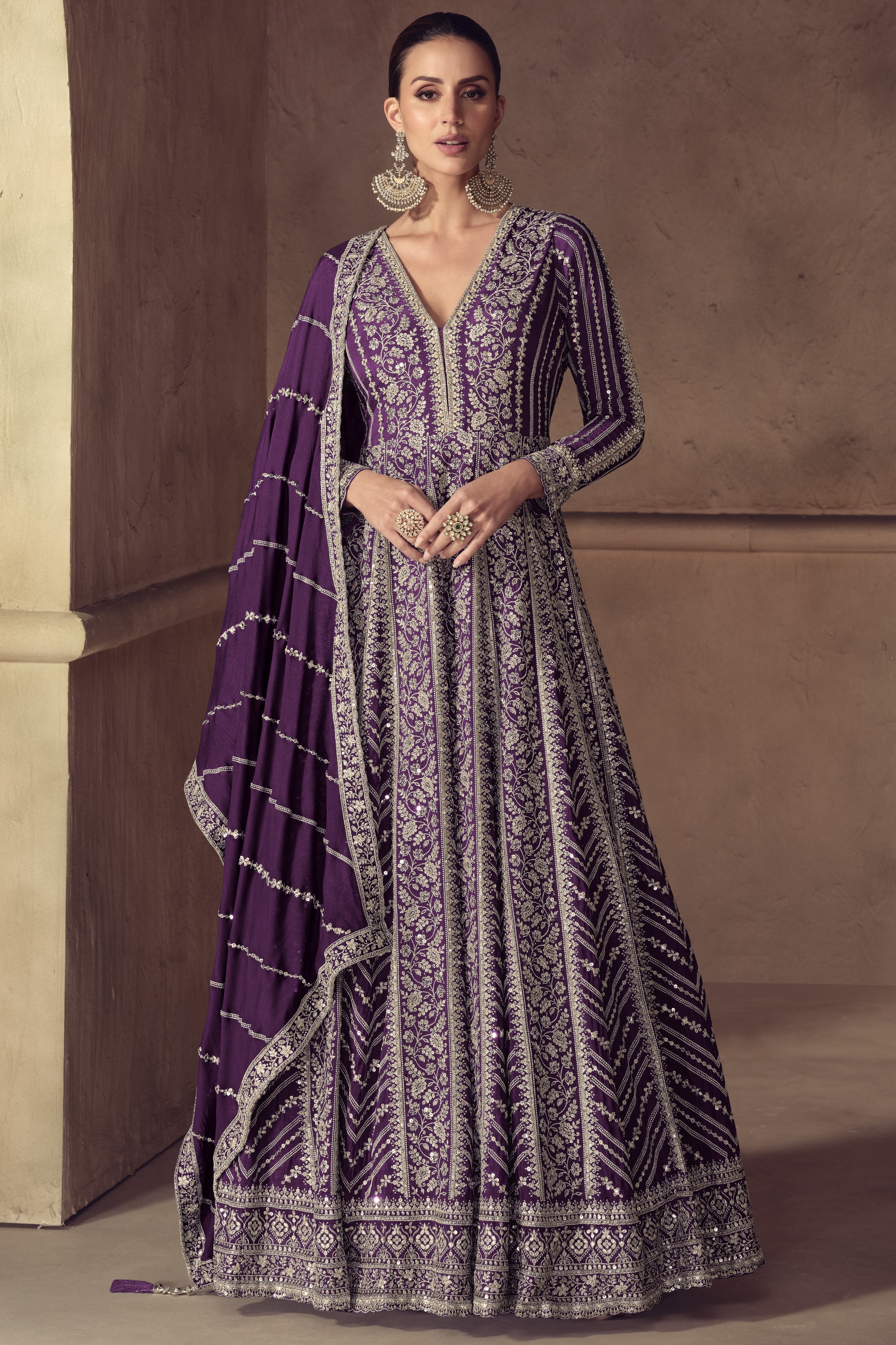 Purple Chinon Silk Anarkali Suit For Indian & Pakistani Wedding Festival - Thread & Sequence Embroidery Work