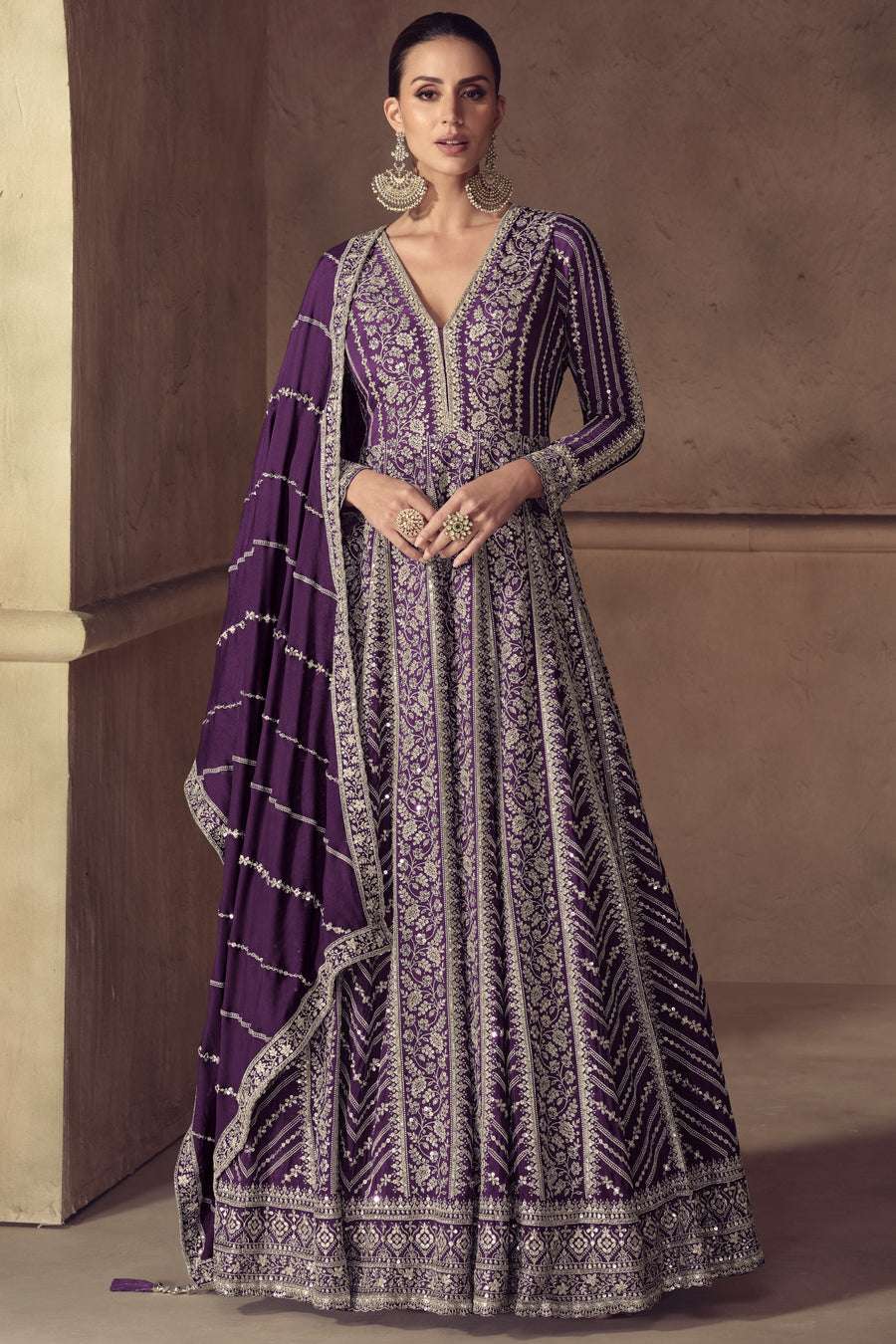 Purple Chinon Silk Anarkali Suit For Indian & Pakistani Wedding Festival - Thread & Sequence Embroidery Work