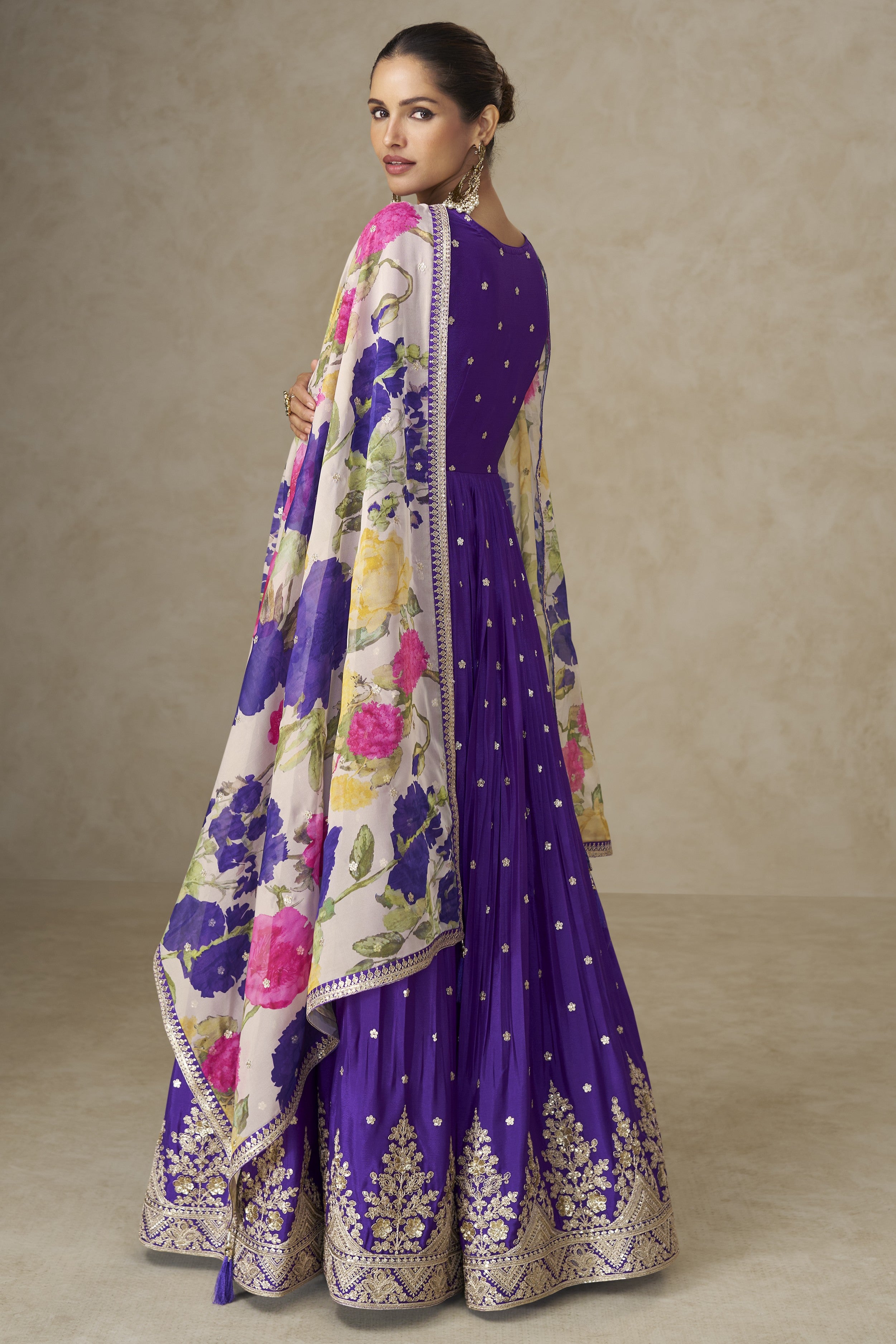 Purple Chinon Silk Anarkali Suit For Indian & Pakistani Wedding Festival - Thread & Sequence Embroidery Work, Print Work