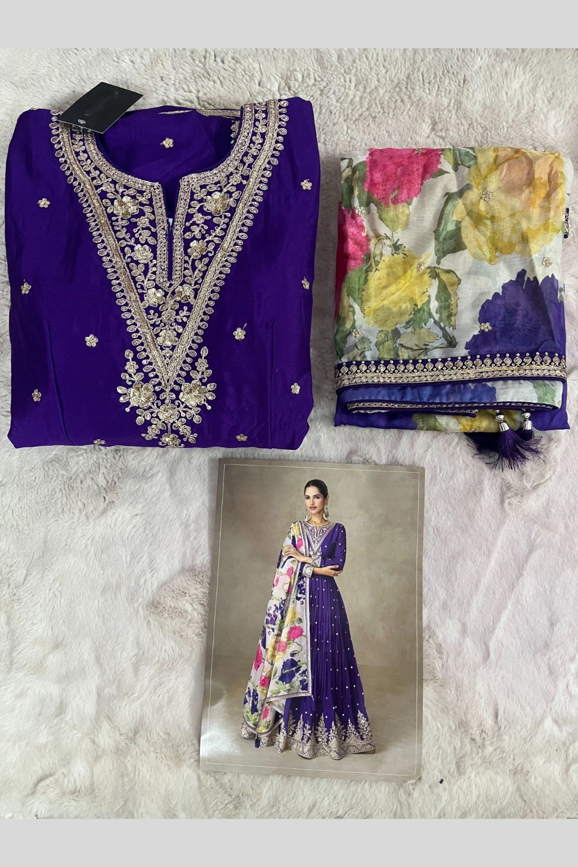Purple Chinon Silk Anarkali Suit For Indian & Pakistani Wedding Festival - Thread & Sequence Embroidery Work, Print Work