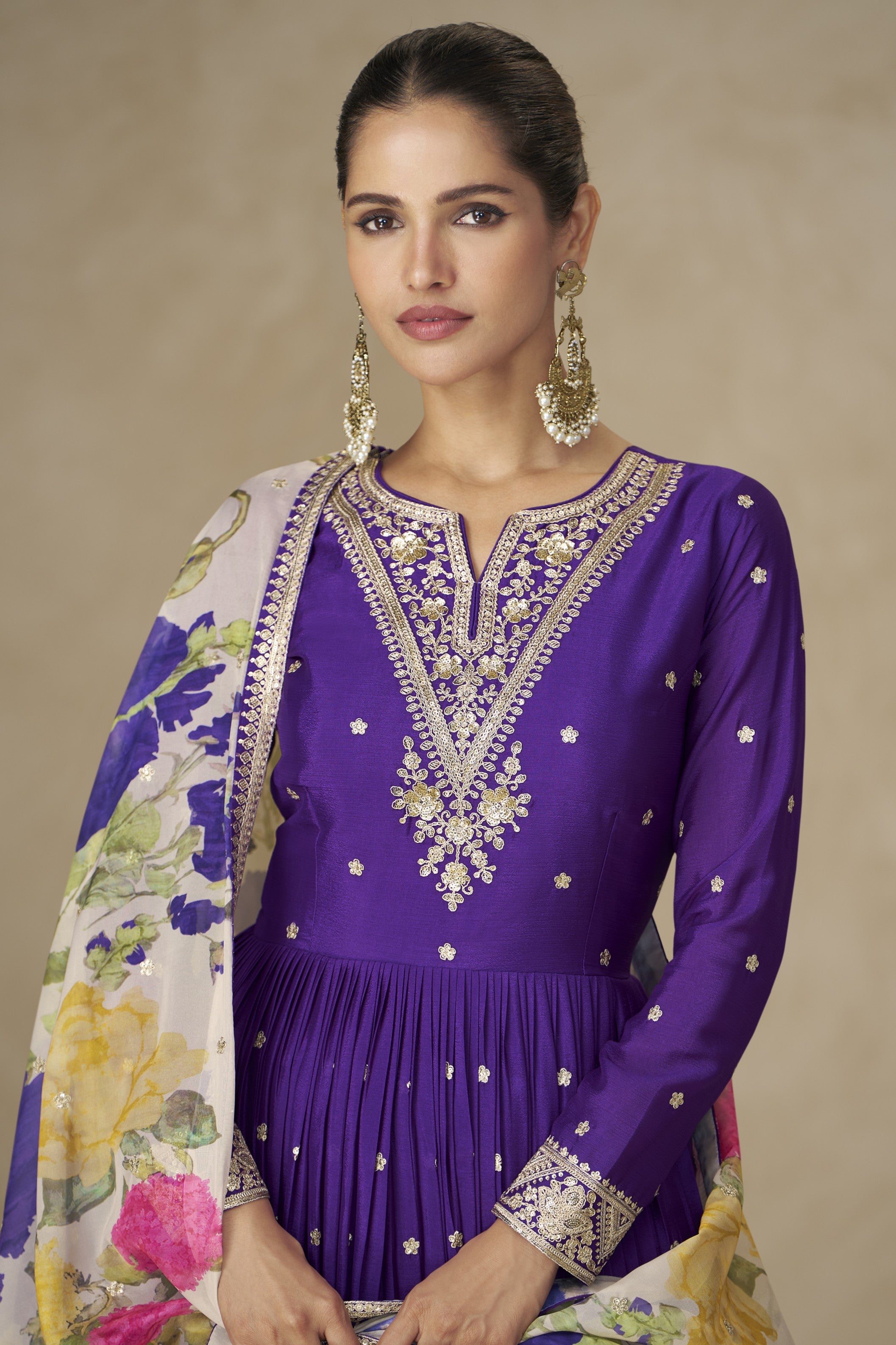 Purple Chinon Silk Anarkali Suit For Indian & Pakistani Wedding Festival - Thread & Sequence Embroidery Work, Print Work