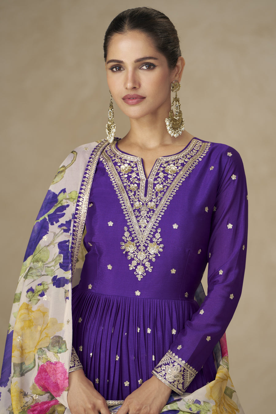 Purple Chinon Silk Anarkali Suit For Indian & Pakistani Wedding Festival - Thread & Sequence Embroidery Work, Print Work