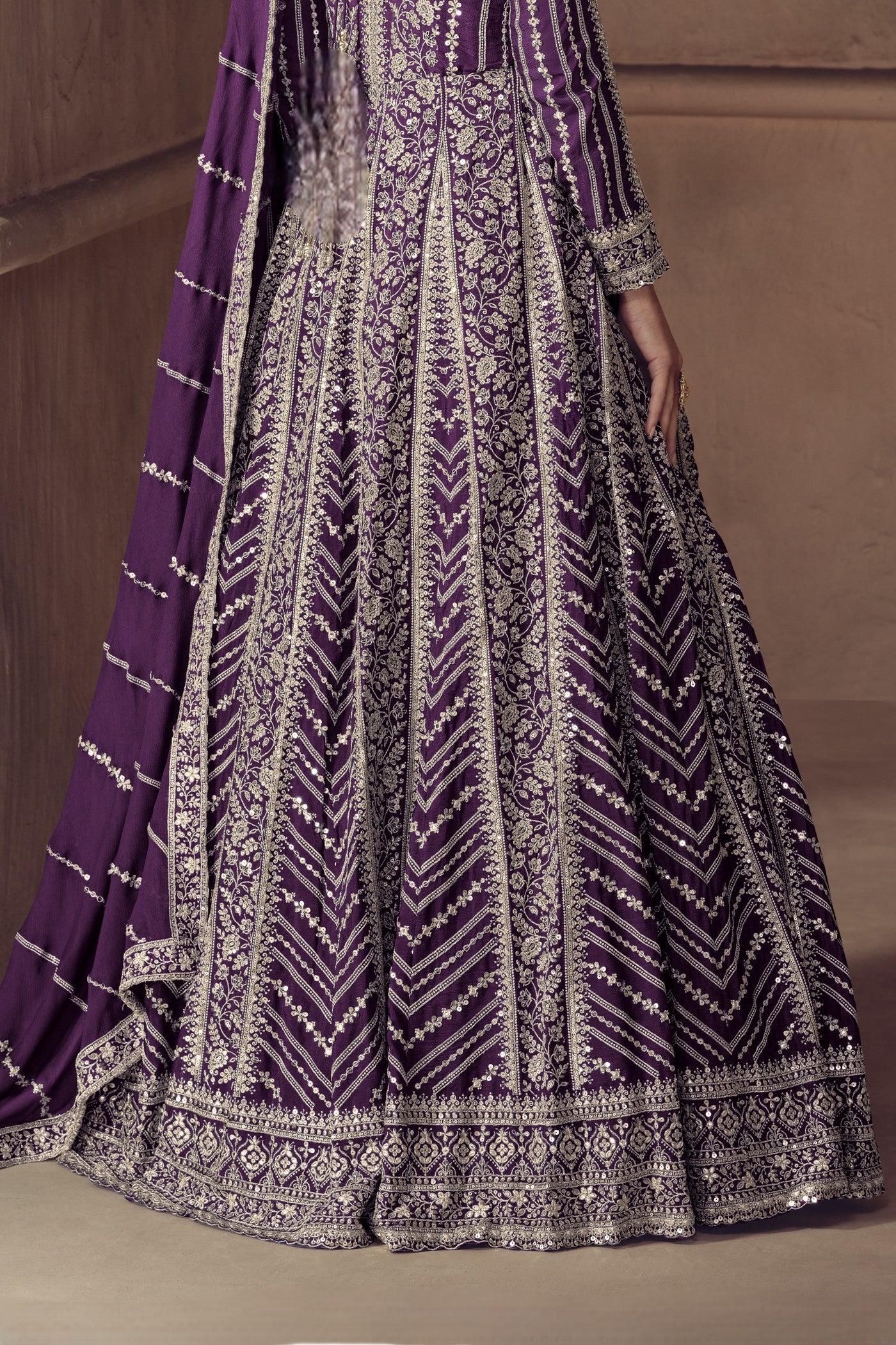 Purple Chinon Silk Anarkali Suit For Indian & Pakistani Wedding Festival - Thread & Sequence Embroidery Work
