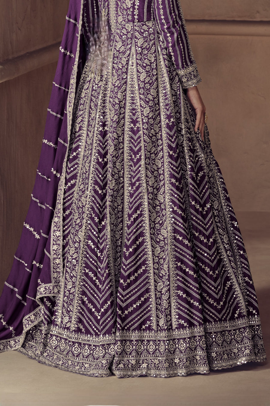 Purple Chinon Silk Anarkali Suit For Indian & Pakistani Wedding Festival - Thread & Sequence Embroidery Work