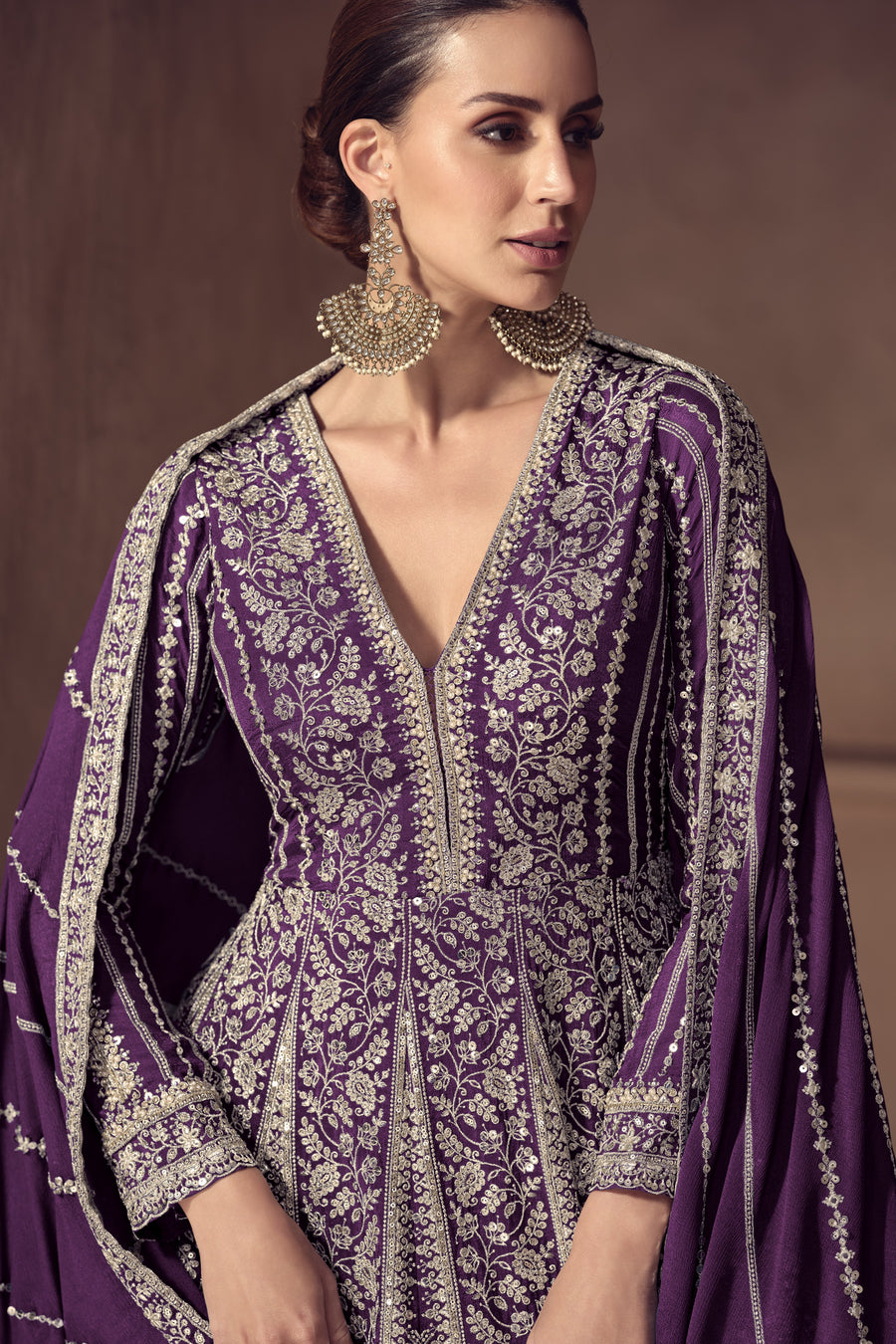 Purple Chinon Silk Anarkali Suit For Indian & Pakistani Wedding Festival - Thread & Sequence Embroidery Work