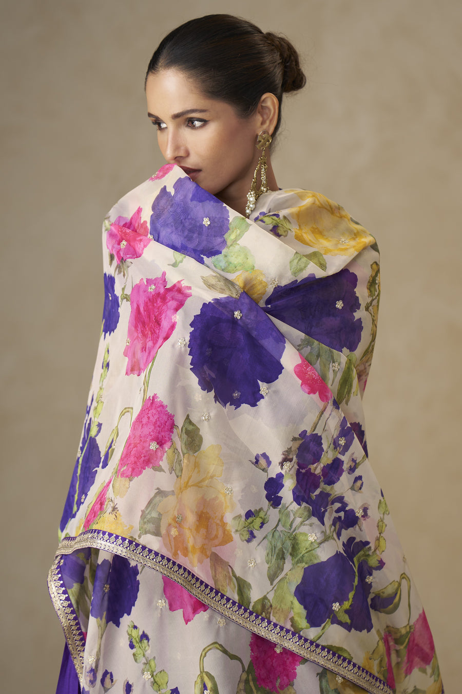 Purple Chinon Silk Anarkali Suit For Indian & Pakistani Wedding Festival - Thread & Sequence Embroidery Work, Print Work