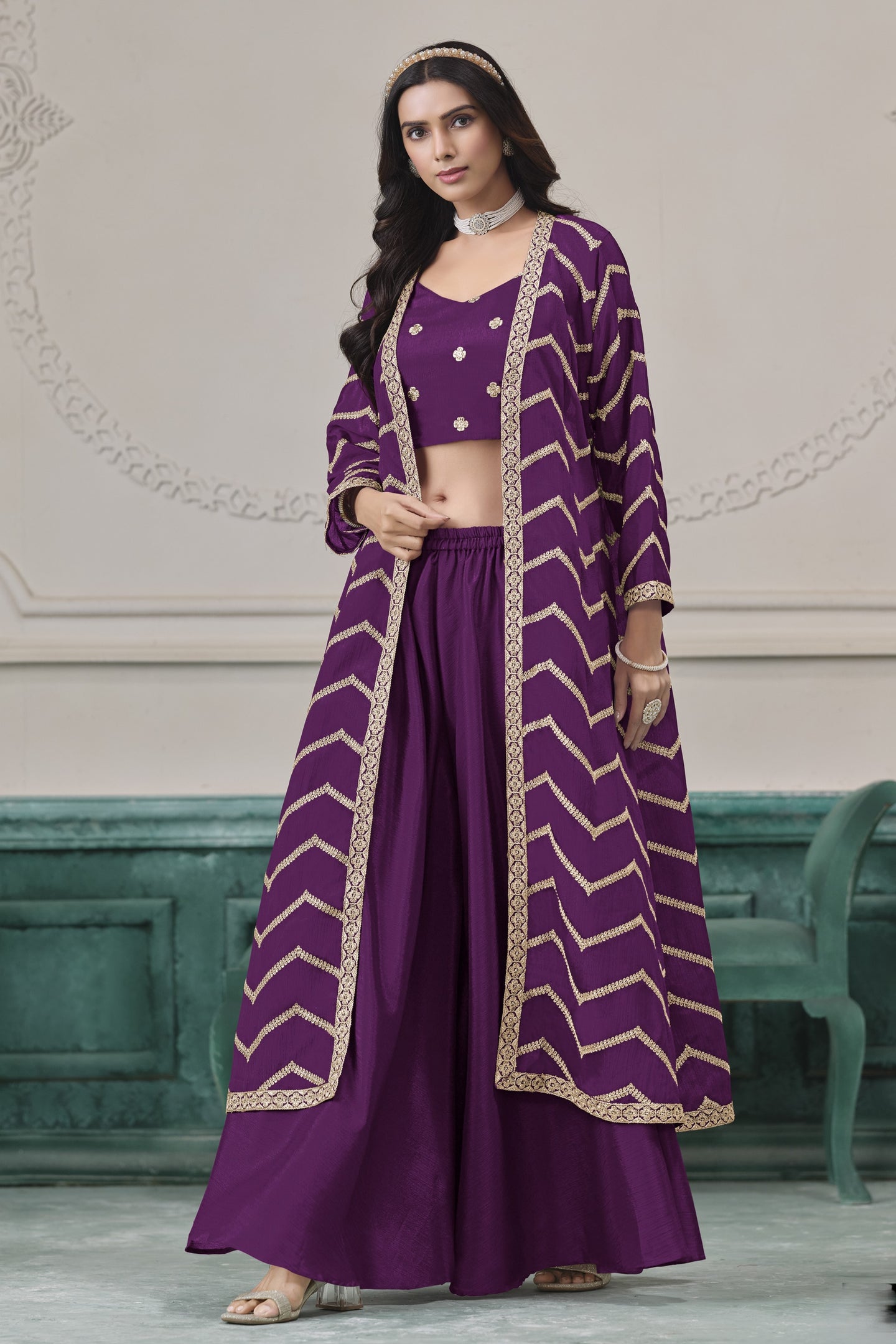 Purple Chinon Silk Crop Top with Jacket and Palazzo with Thread Embroidery Work