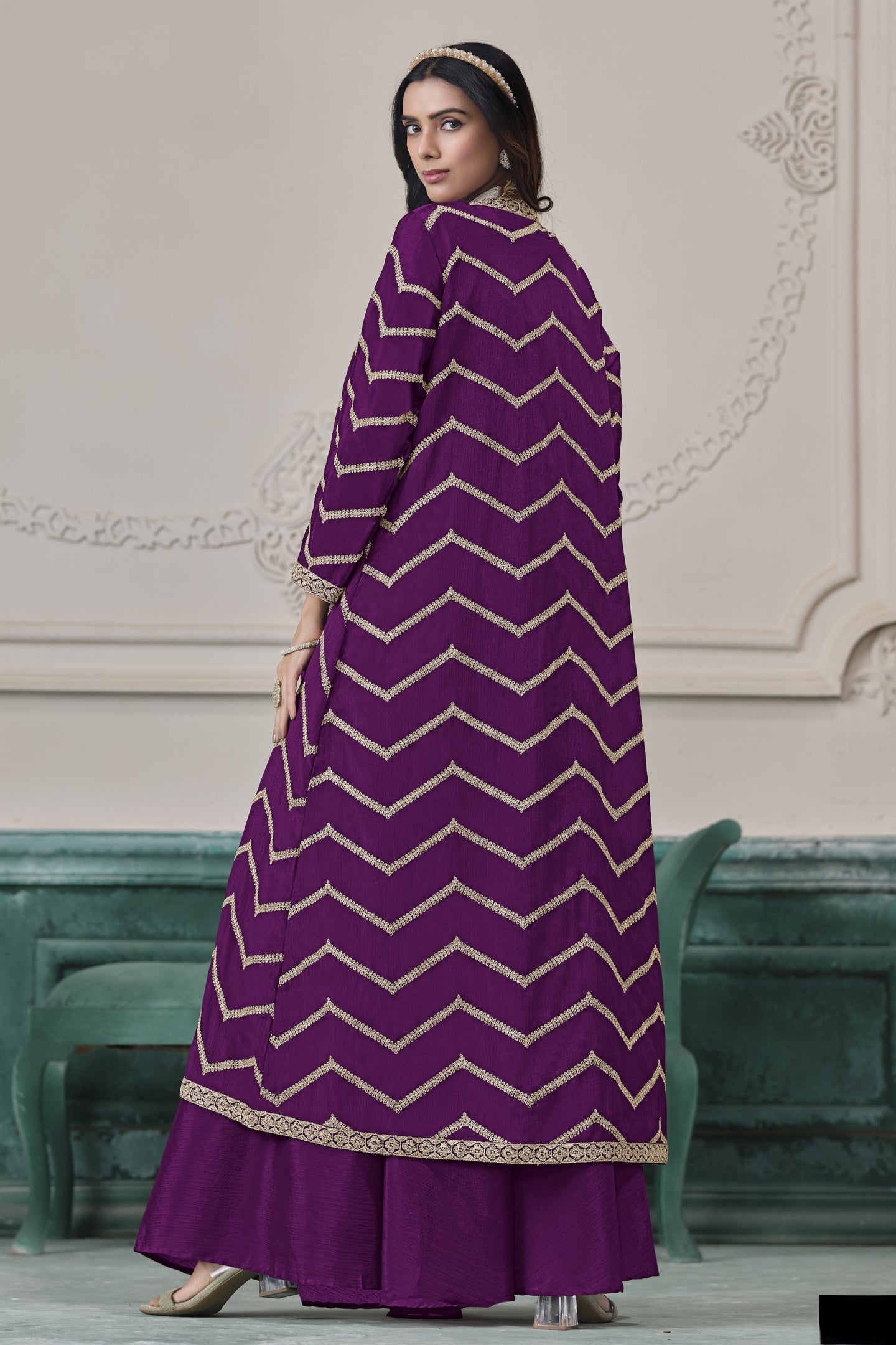 Purple Chinon Silk Crop Top with Jacket and Palazzo with Thread Embroidery Work