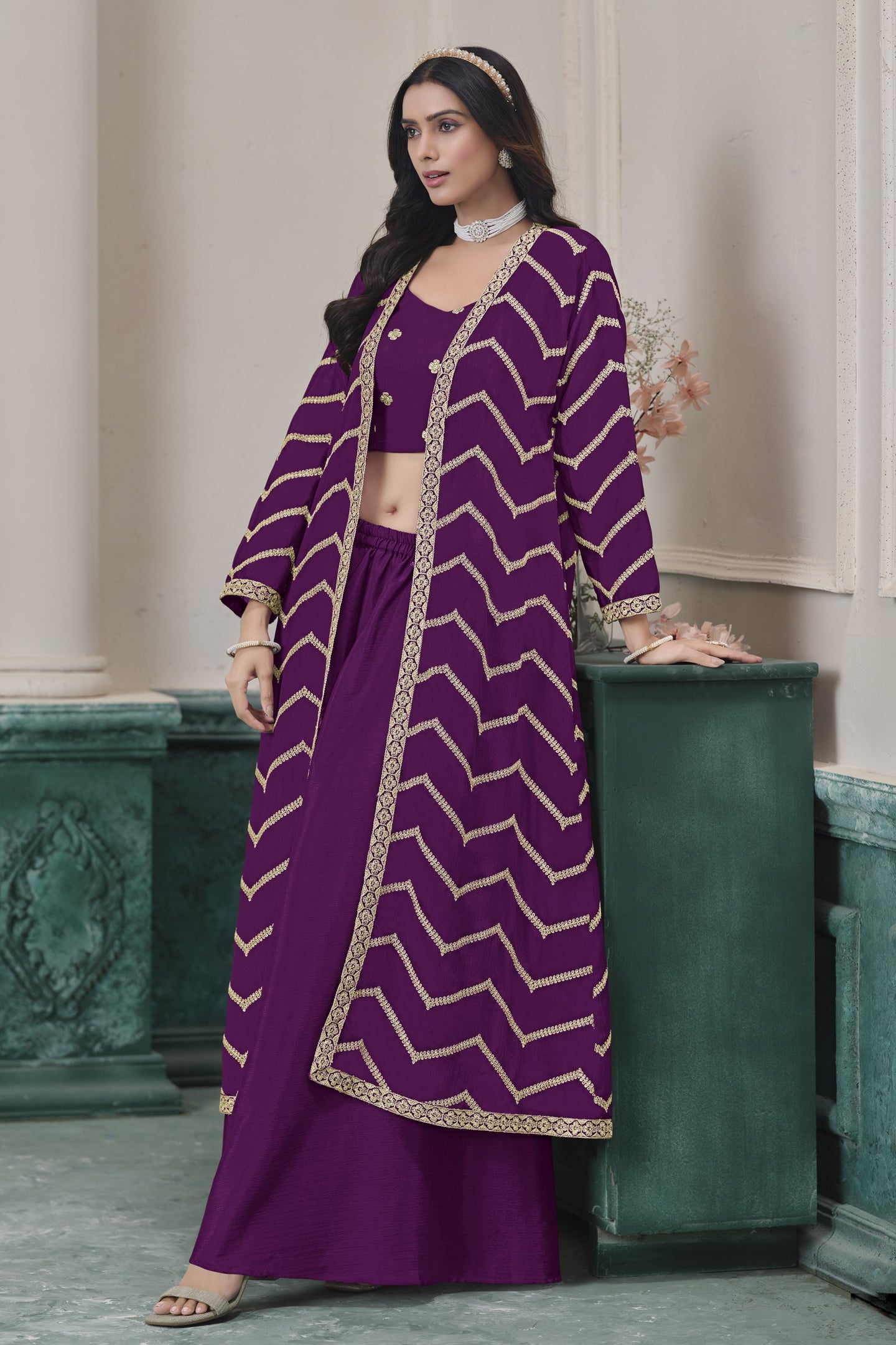 Purple Chinon Silk Crop Top with Jacket and Palazzo with Thread Embroidery Work