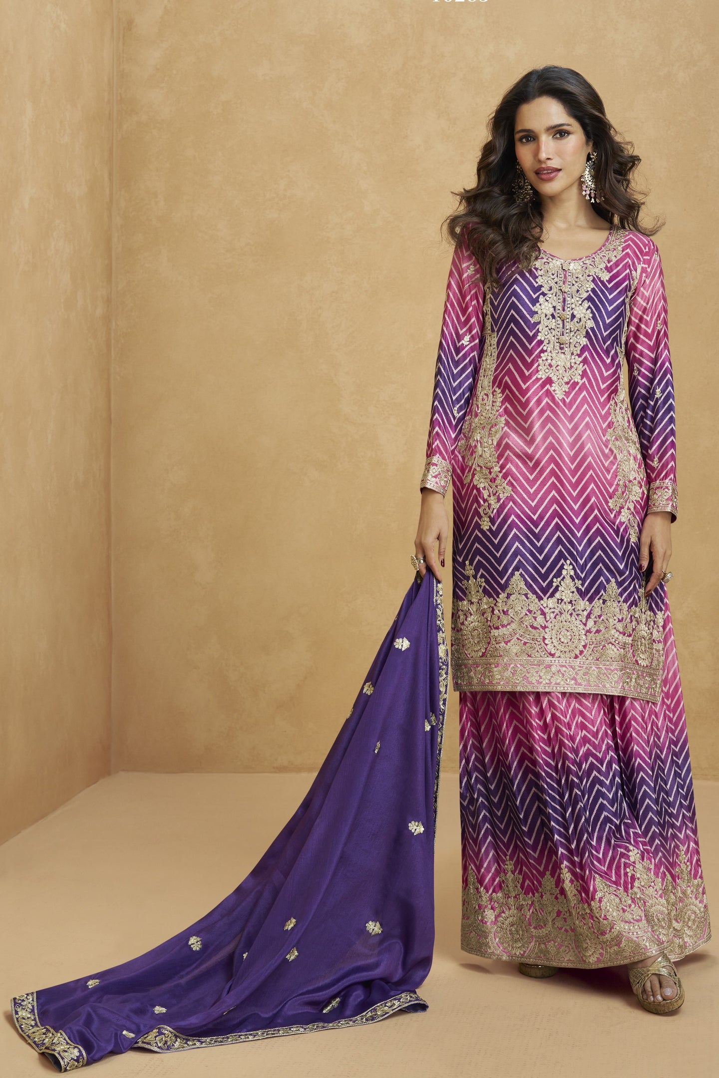 Purple Chinon Silk Palazzo Suit For Indian Wedding & Pakistani Festival - Embroidery Work