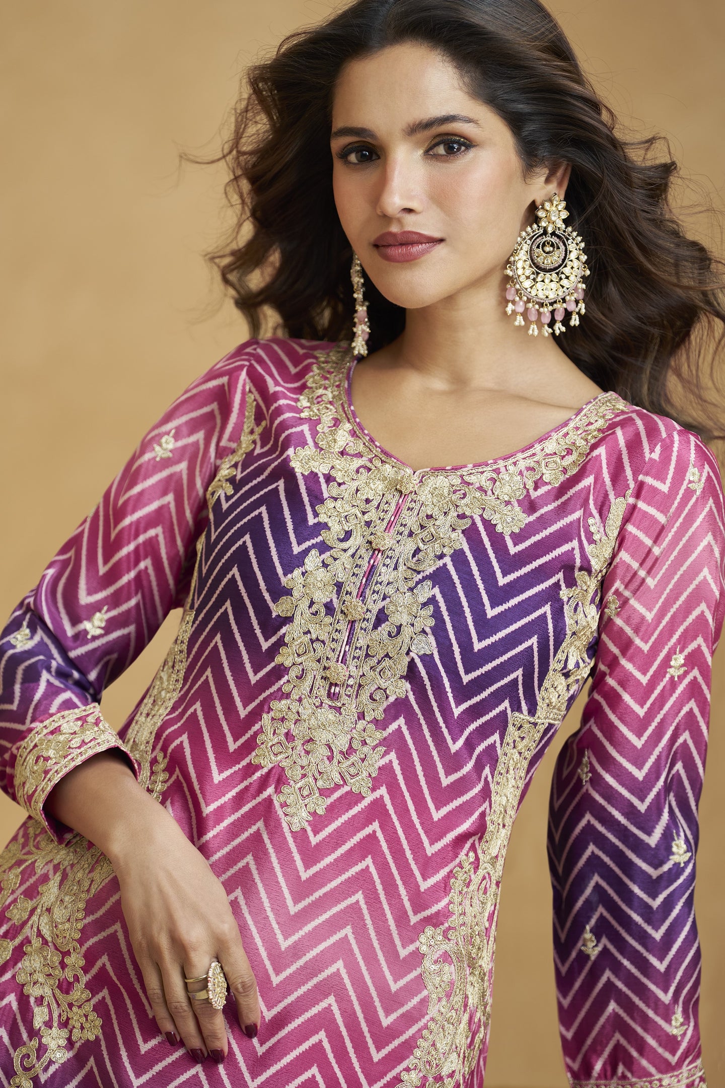 Purple Chinon Silk Palazzo Suit For Indian Wedding & Pakistani Festival - Embroidery Work