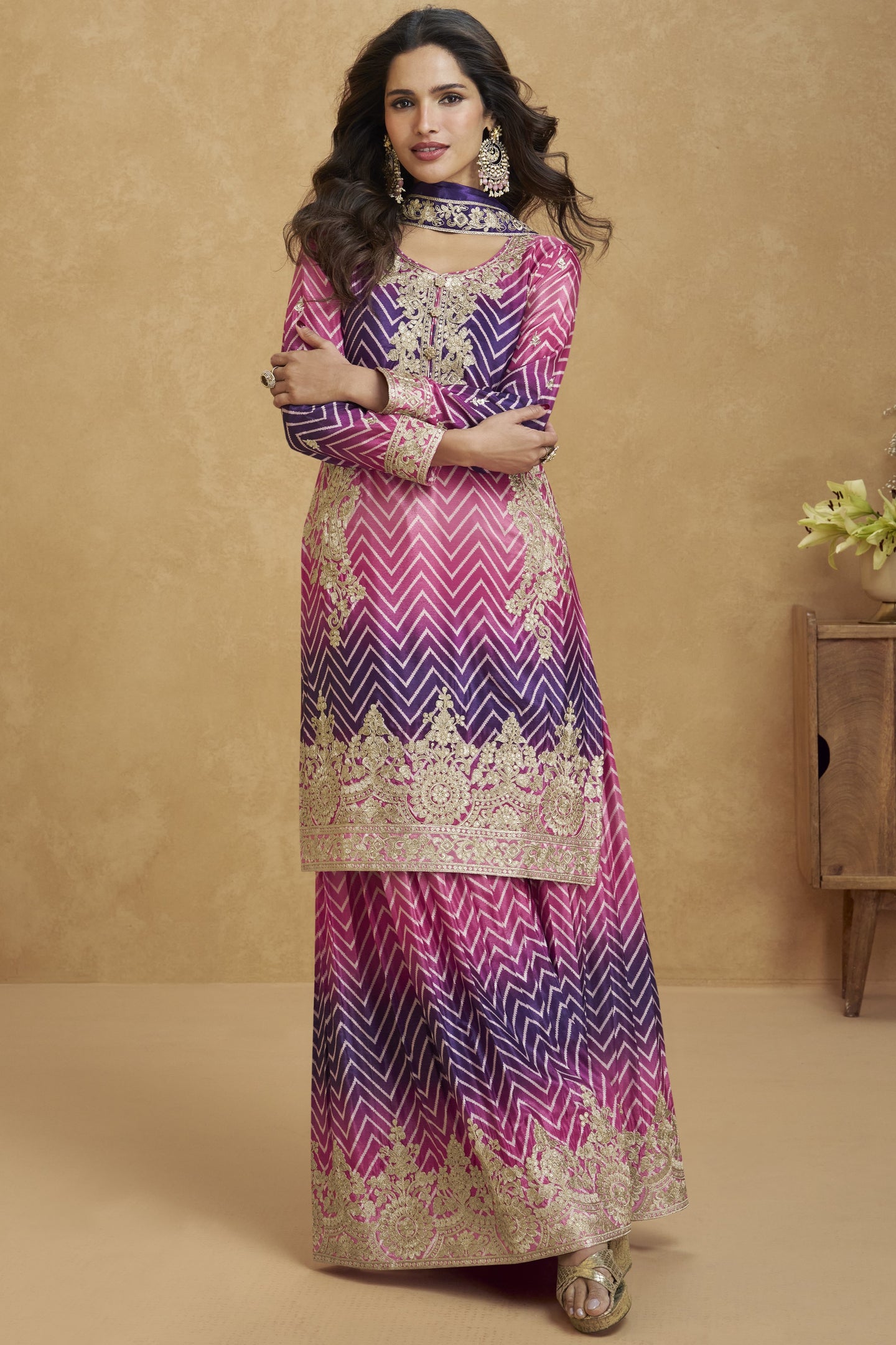 Purple Chinon Silk Palazzo Suit For Indian Wedding & Pakistani Festival - Embroidery Work