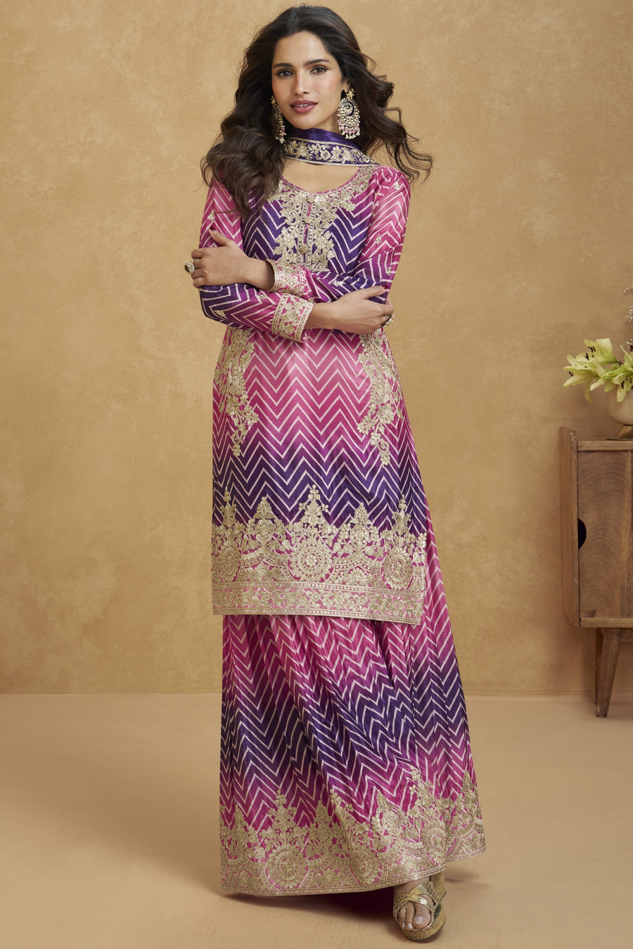 Purple Chinon Silk Palazzo Suit For Indian Wedding & Pakistani Festival - Embroidery Work