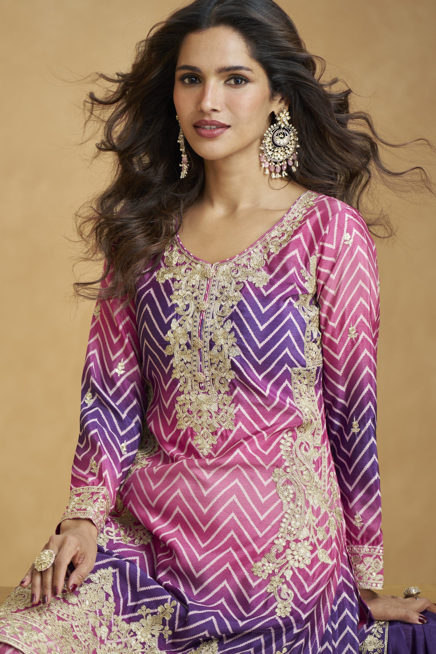 Purple Chinon Silk Palazzo Suit For Indian Wedding & Pakistani Festival - Embroidery Work