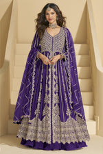 Purple Chinon Silk Front Slit Anarkali With Skirt Suit For Indian & Pakistani Wedding Festival - Sequins & Thread Embroidery Work, Dori Work