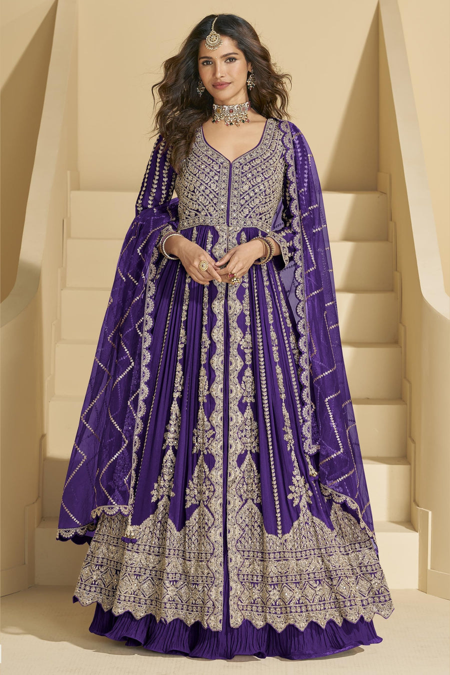 Purple Chinon Silk Front Slit Anarkali With Skirt Suit For Indian & Pakistani Wedding Festival - Sequins & Thread Embroidery Work, Dori Work