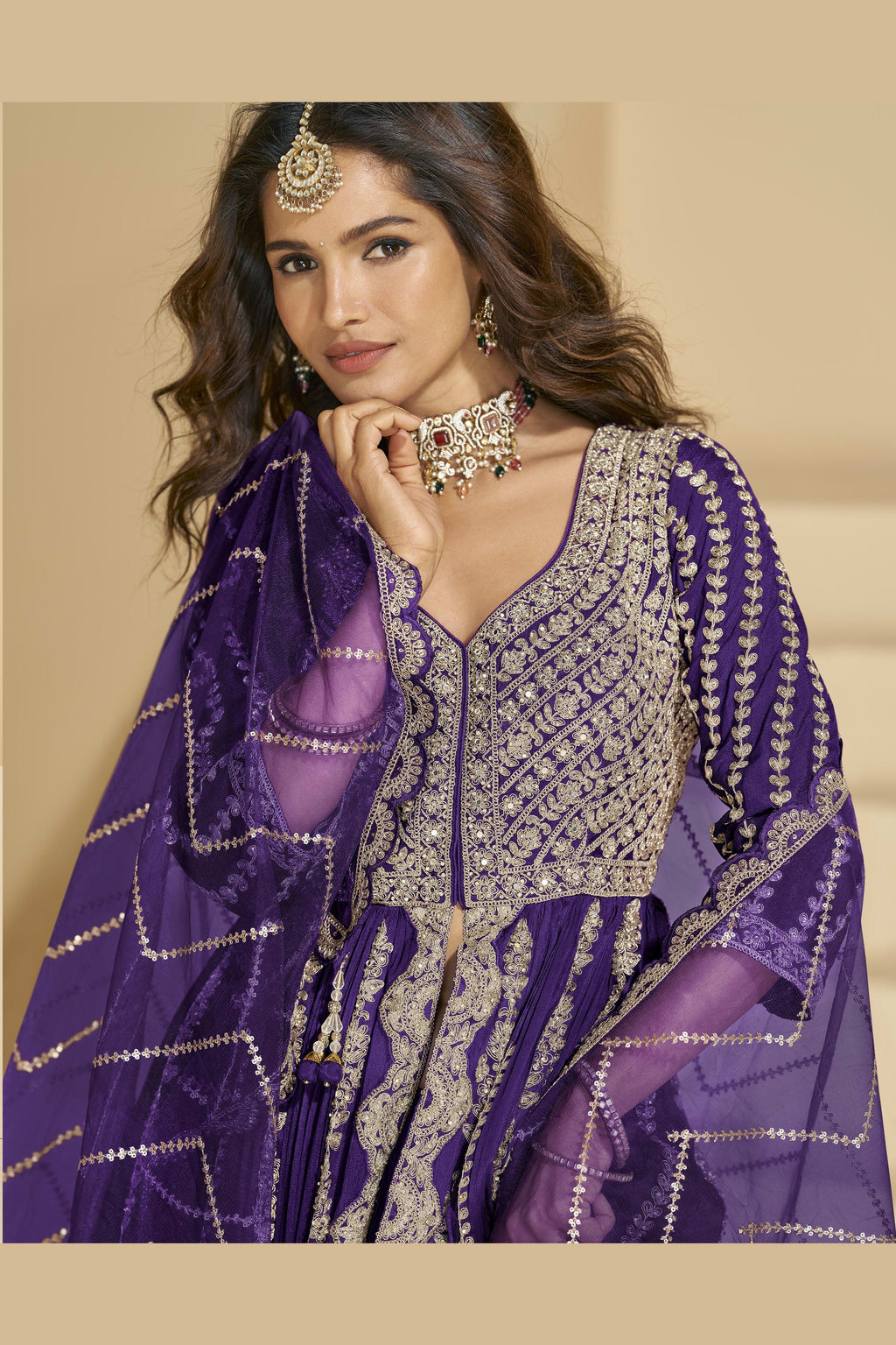 Purple Chinon Silk Front Slit Anarkali With Skirt Suit For Indian & Pakistani Wedding Festival - Sequins & Thread Embroidery Work, Dori Work