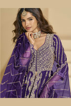 Purple Chinon Silk Front Slit Anarkali With Skirt Suit For Indian & Pakistani Wedding Festival - Sequins & Thread Embroidery Work, Dori Work