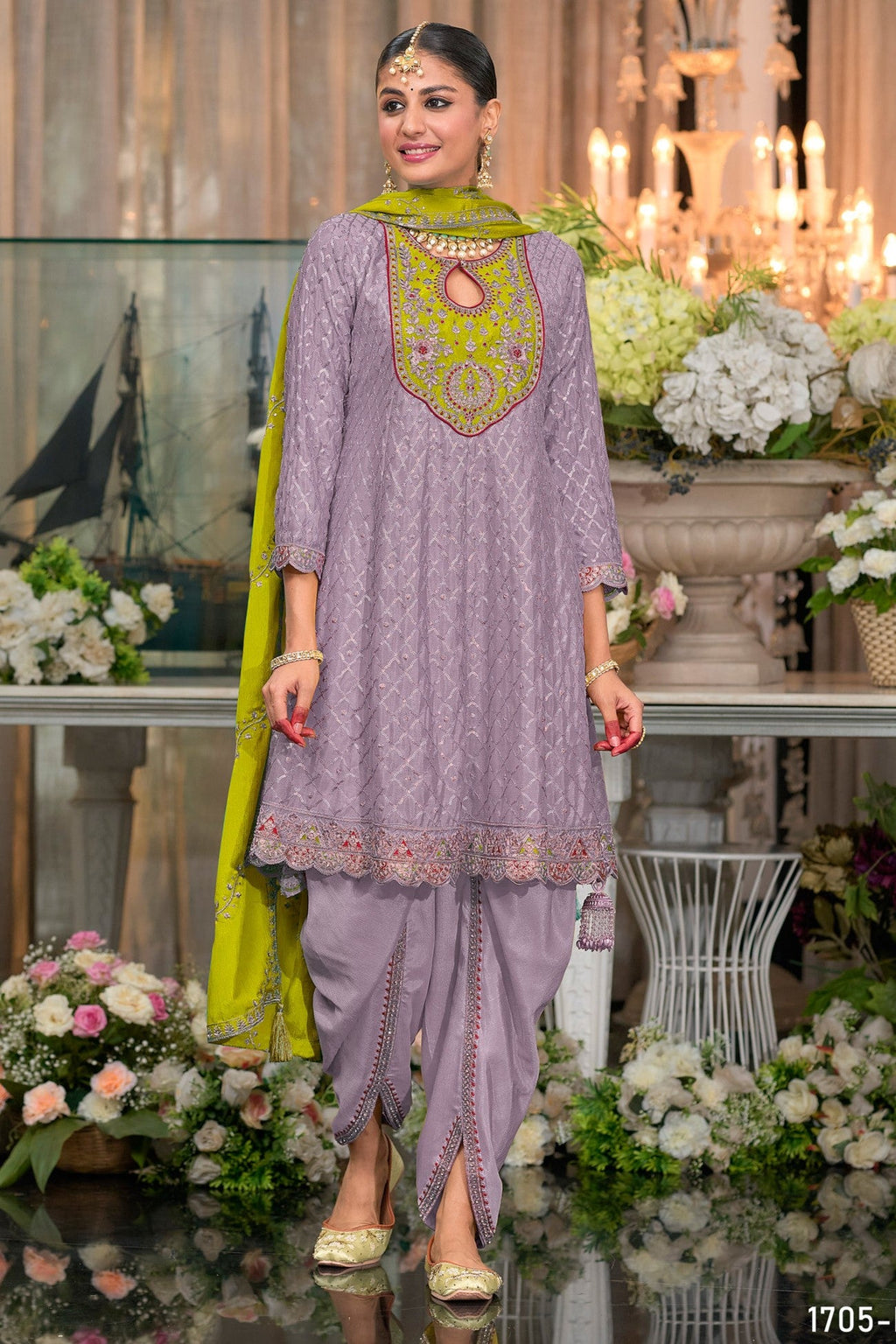 Purple Chinon Silk Kameez With Dhoti Suit For Indian & Pakistani Wedding Festival - Thread & Sequence Embroidery
