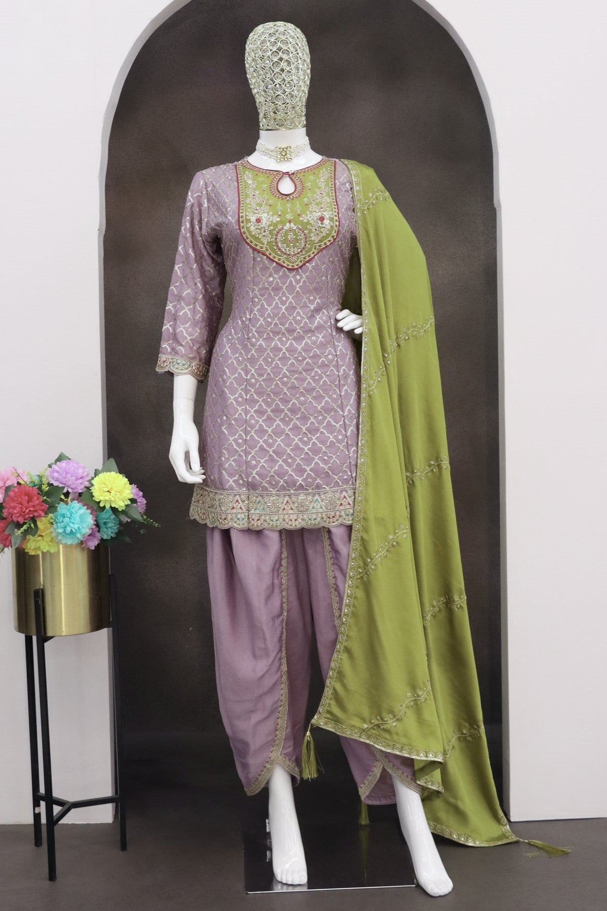 Purple Chinon Silk Kameez With Dhoti Suit For Indian & Pakistani Wedding Festival - Thread & Sequence Embroidery