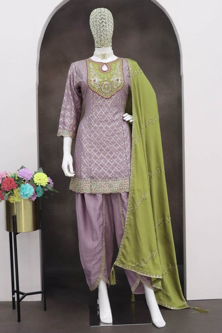 Purple Chinon Silk Kameez With Dhoti Suit For Indian & Pakistani Wedding Festival - Thread & Sequence Embroidery
