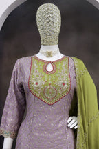 Purple Chinon Silk Kameez With Dhoti Suit For Indian & Pakistani Wedding Festival - Thread & Sequence Embroidery