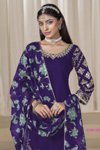 Purple Chinon Silk Pakistani Skirt Suits for Weddings with Zari and Mirror Work
