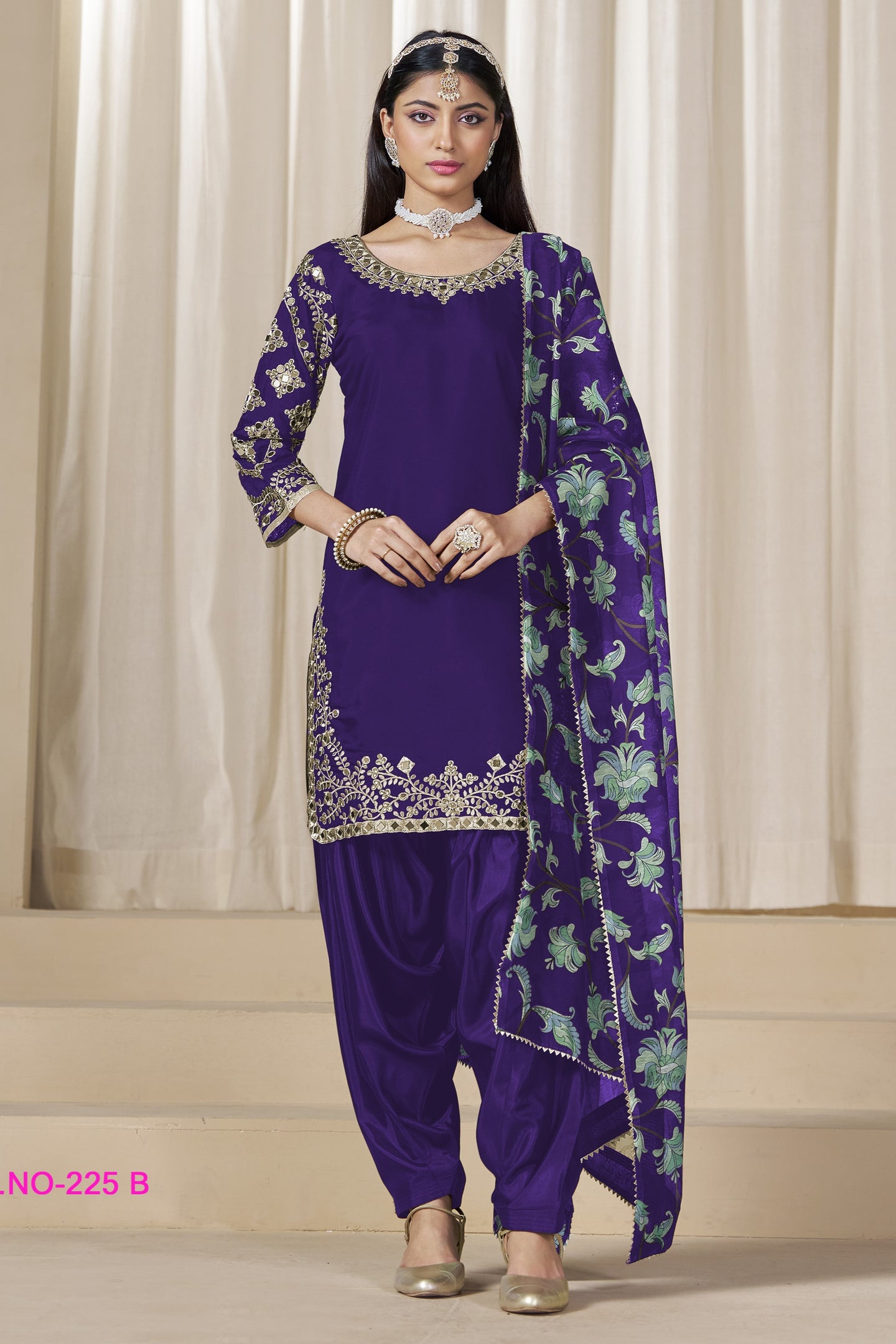 Purple Chinon Silk Pakistani Skirt Suits for Weddings with Zari and Mirror Work