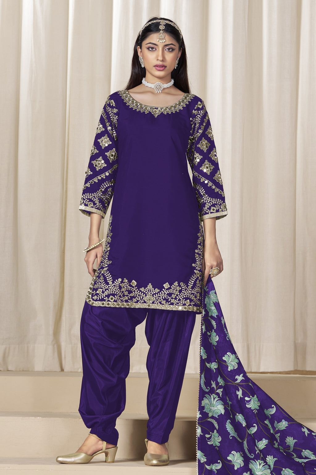 Purple Chinon Silk Pakistani Skirt Suits for Weddings with Zari and Mirror Work