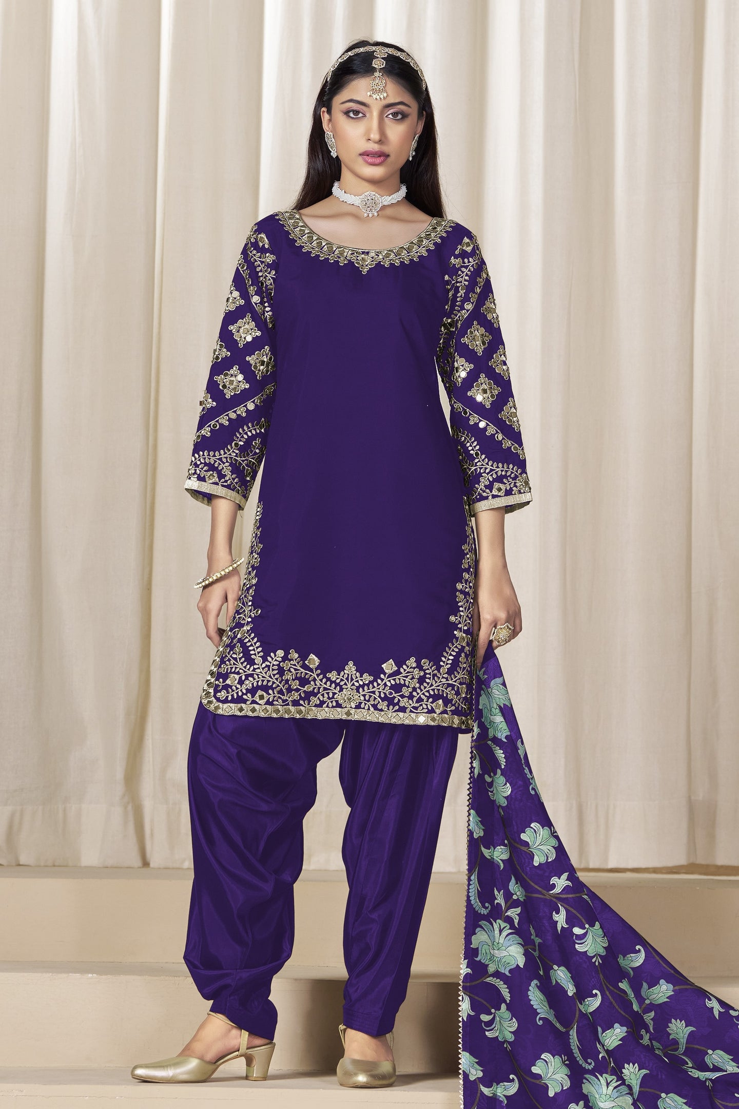Purple Chinon Silk Pakistani Skirt Suits for Weddings with Zari and Mirror Work