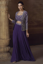 Purple Chinon Silk Palazo Choli With Jacket For Indian & Pakistani Wedding Festival - Thread Embroidery Work, Mirror Work
