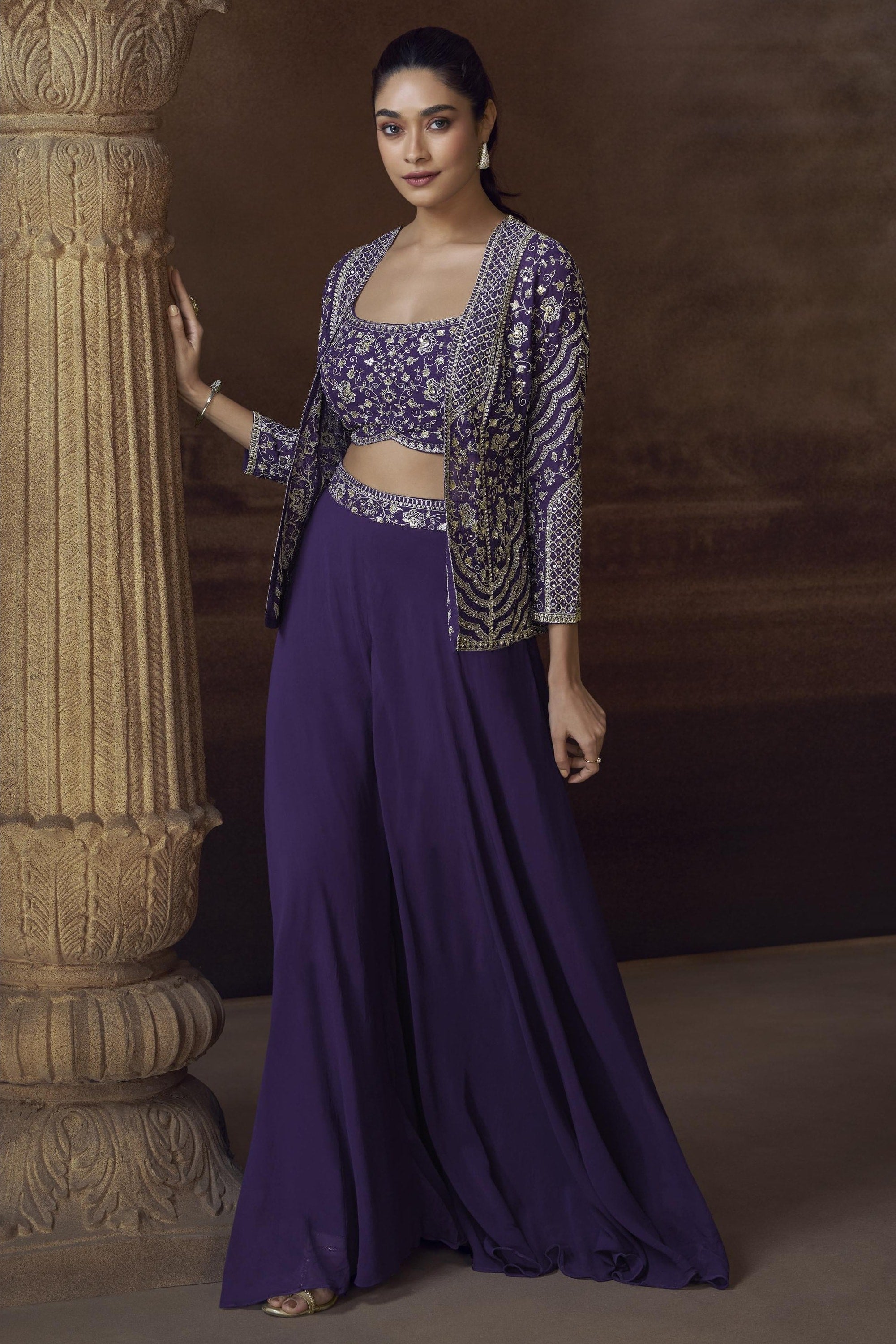 Purple Chinon Silk Palazo Choli With Jacket For Indian & Pakistani Wedding Festival - Thread Embroidery Work, Mirror Work