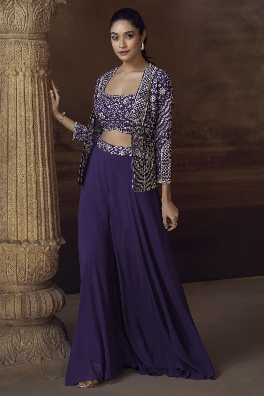Purple Chinon Silk Palazo Choli With Jacket For Indian & Pakistani Wedding Festival - Thread Embroidery Work, Mirror Work
