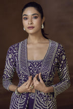 Purple Chinon Silk Palazo Choli With Jacket For Indian & Pakistani Wedding Festival - Thread Embroidery Work, Mirror Work