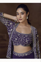 Purple Chinon Silk Palazo Choli With Jacket For Indian & Pakistani Wedding Festival - Thread Embroidery Work, Mirror Work