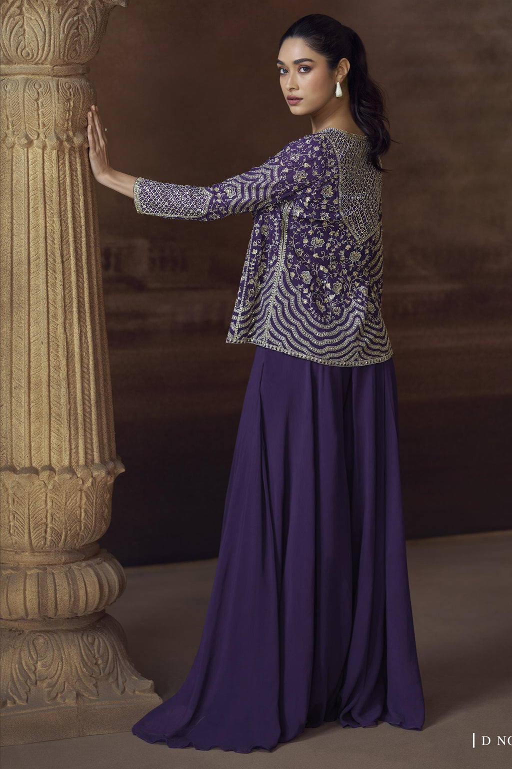 Purple Chinon Silk Palazo Choli With Jacket For Indian & Pakistani Wedding Festival - Thread Embroidery Work, Mirror Work
