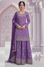 Purple Chinon Silk Plazo Suit For Indian & Pakistani Wedding Festival - Thread & Sequence Embroidery Work
