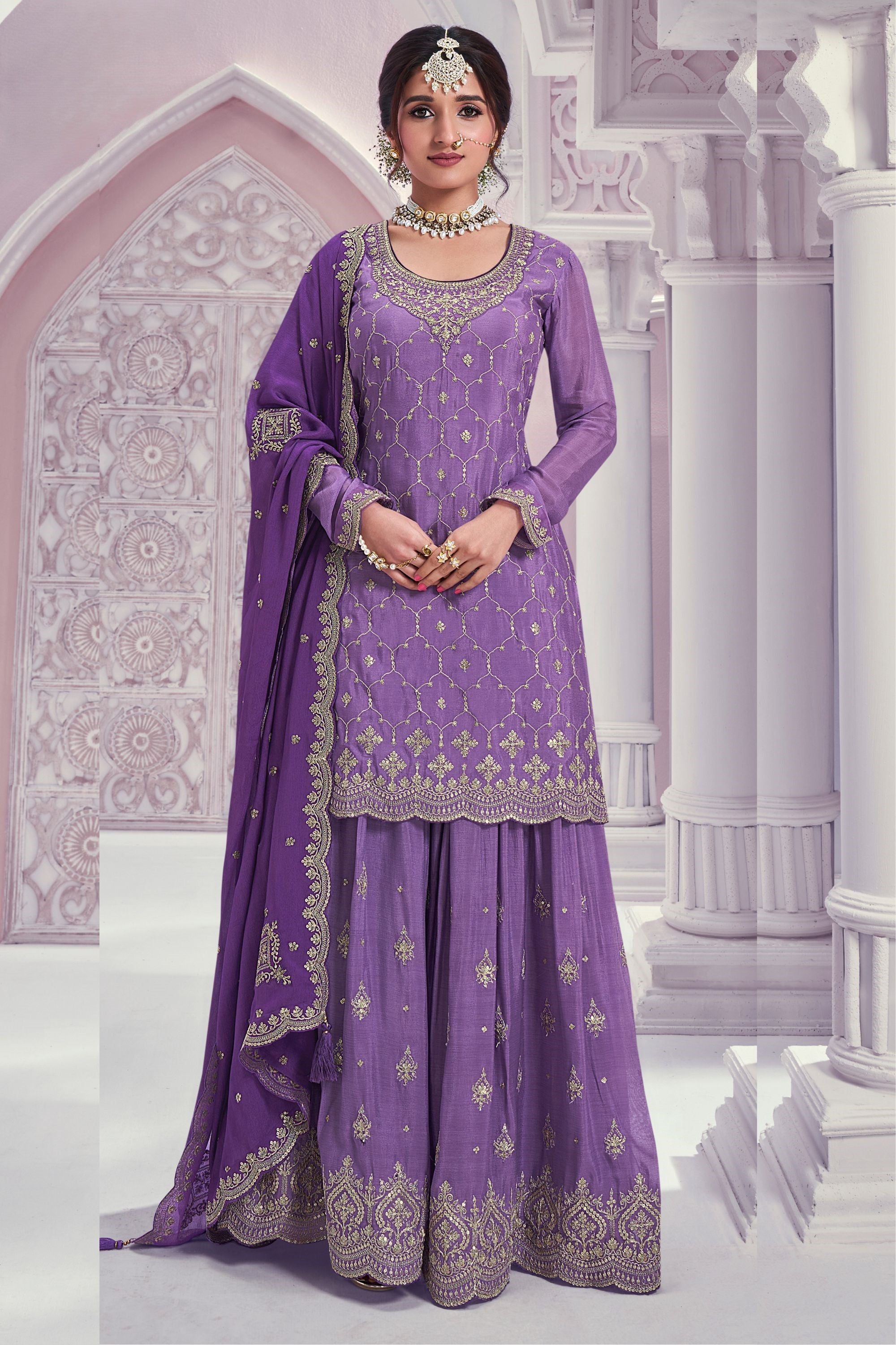 Purple Chinon Silk Plazo Suit For Indian & Pakistani Wedding Festival - Thread & Sequence Embroidery Work