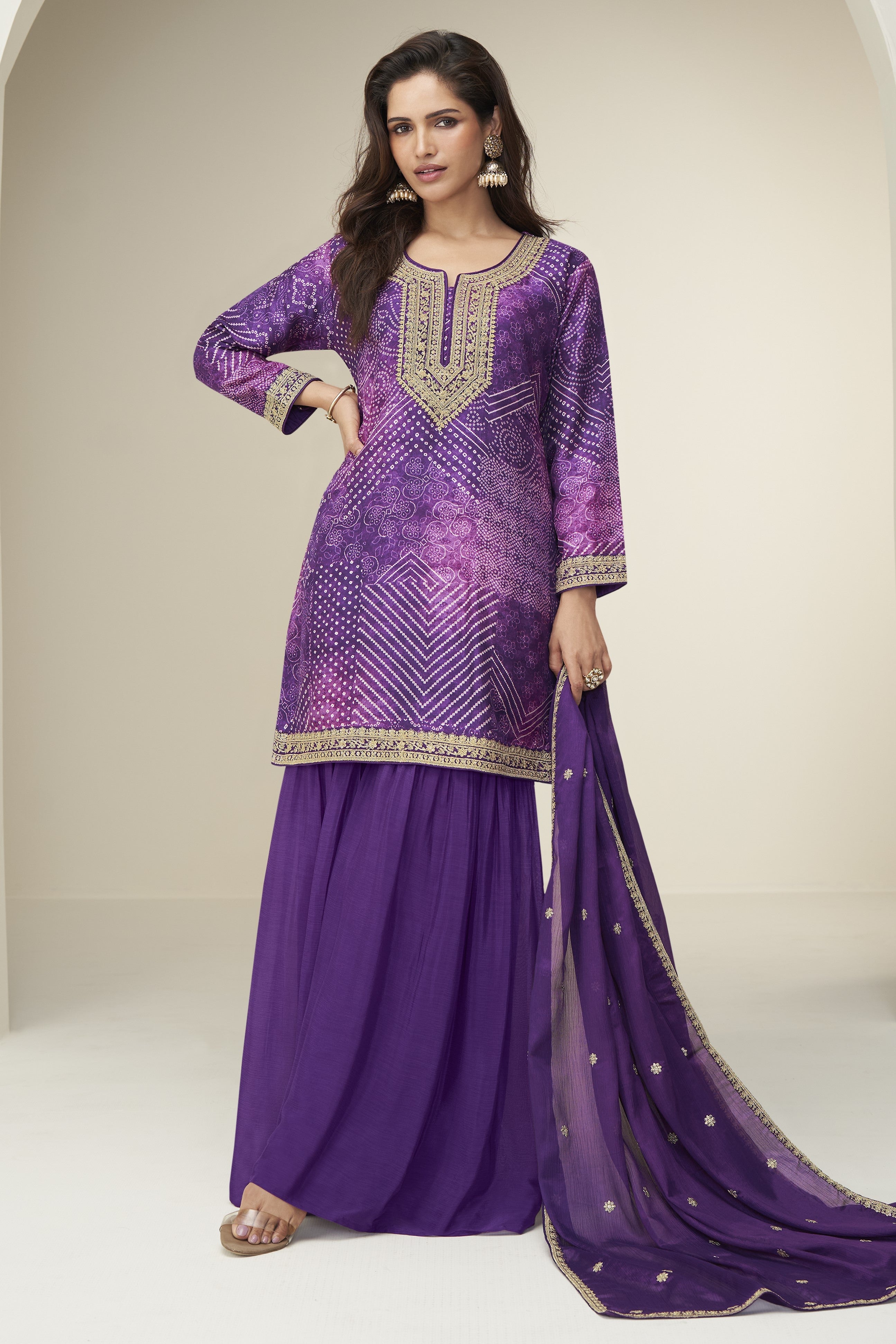 Purple Chinon Silk Plazo Suit For Indian & Pakistani Wedding Festival - Embroidery Work, Print Work