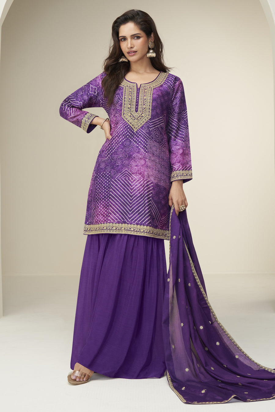 Purple Chinon Silk Plazo Suit For Indian & Pakistani Wedding Festival - Embroidery Work, Print Work