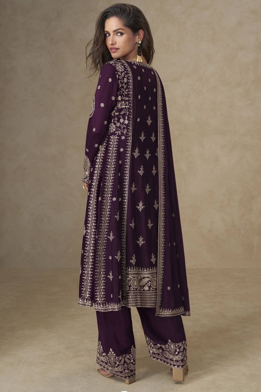 Purple Chinon Silk Plazo Suit For Indian & Pakistani Wedding Festival - Sequins & Thread Embroidery Work