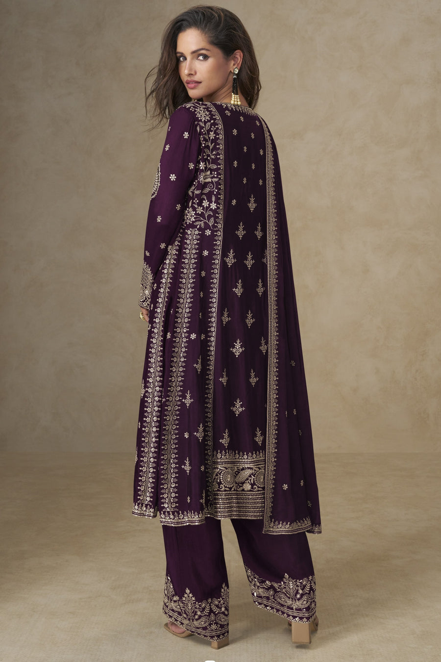 Purple Chinon Silk Plazo Suit For Indian & Pakistani Wedding Festival - Sequins & Thread Embroidery Work
