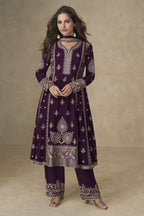 Purple Chinon Silk Plazo Suit For Indian & Pakistani Wedding Festival - Sequins & Thread Embroidery Work